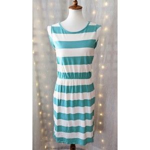 Boden 6 White Teal Striped Jersey Sundress Sleeveless Cotton Pockets Fit & Flare